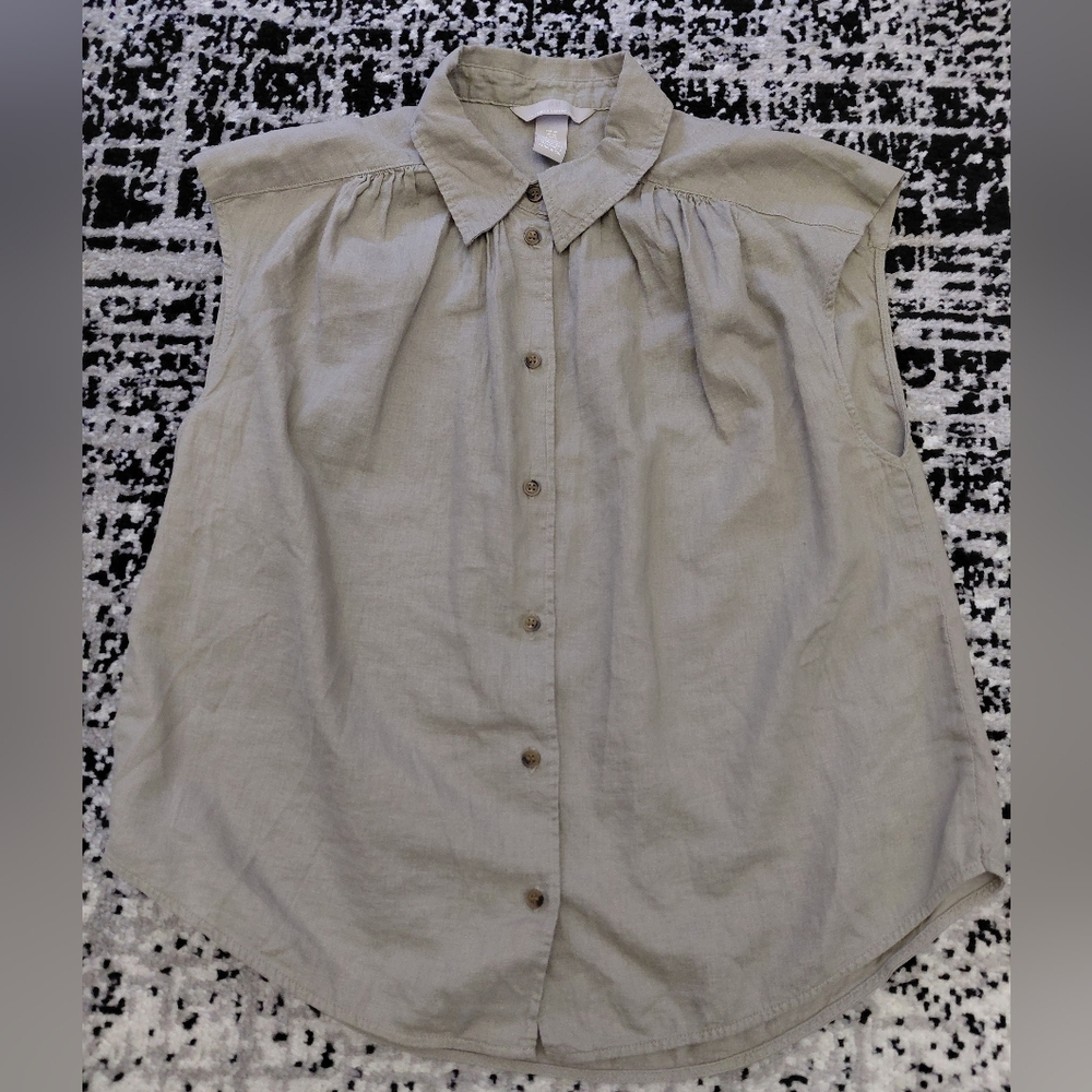 H&M Linen Blend Greige Sleeveless Button Down Shirt XS Coastal Grandma - Picture 8 of 13
